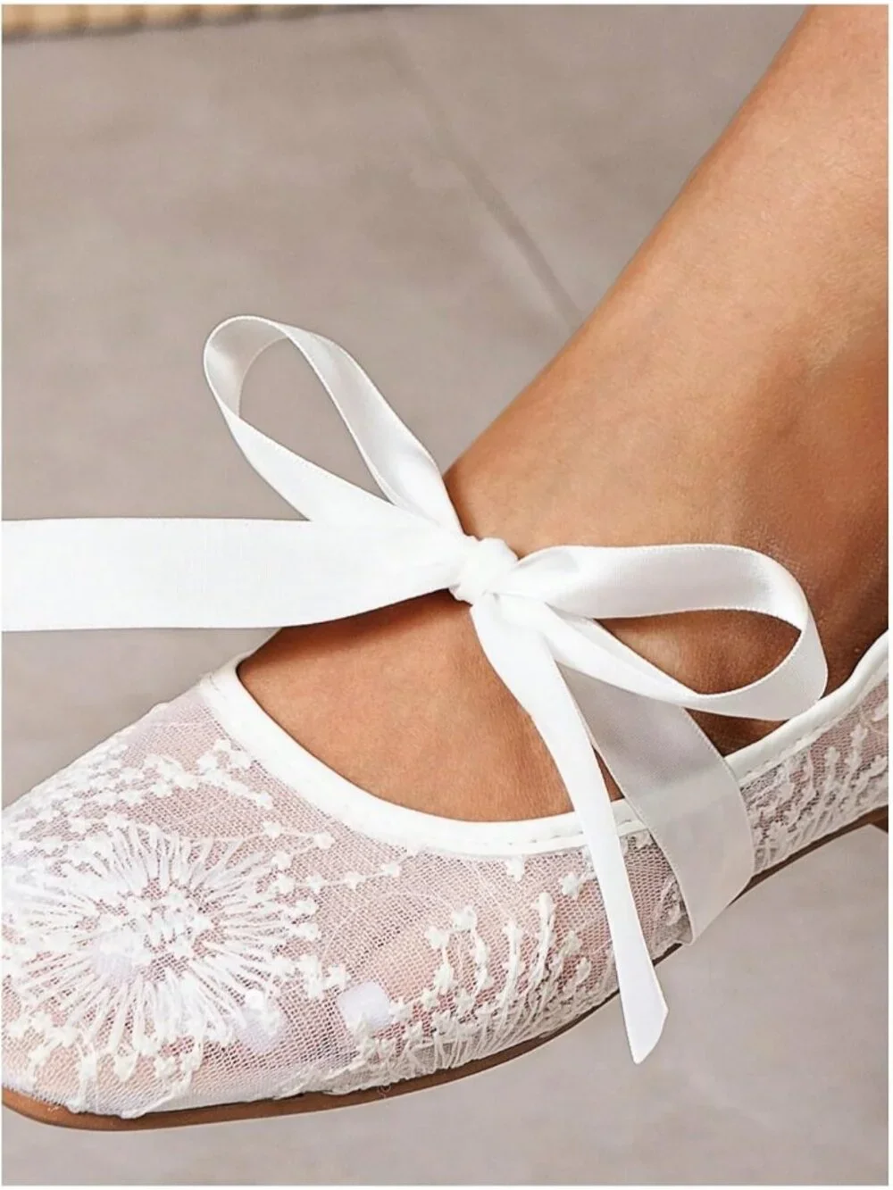 Women's White Flower Floral Lace Mesh Ballet Flats Square Toe Bow Dress Shoes